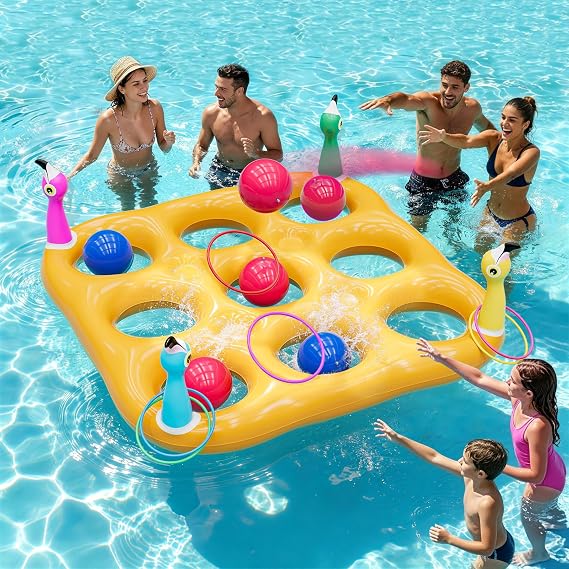 Flamingo Pool Toys Games Set, Inflatable Tic Tac Toe & Ring Toss Game | Outdoor Swimming Pool Games for Adults Teens Kids family,Summer Fun Beach Yard Lake Float Pool Toys with 10 Balls & 6 Rings