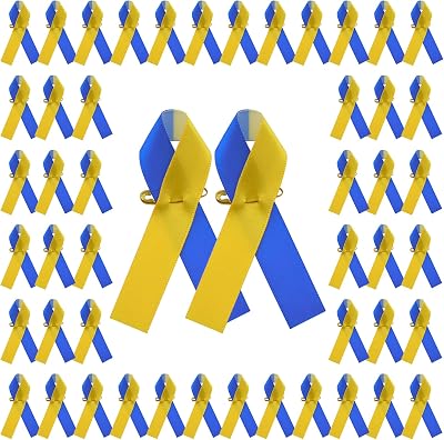 100 Pcs Blue&Yellow Ribbon Pins, Satin Ribbon Pin Down Syndrome Awareness Badge Brooch with Safety pins for Women & Men Event Decoration