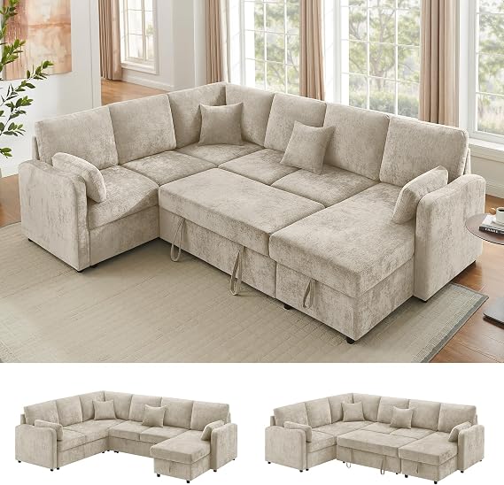 7 Seater 112'' Sectional Sleeper Sofa with Storage, Chenille Camel
