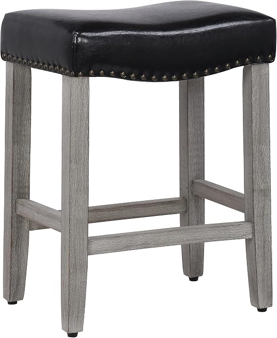 Costaelm 24" Upholstered Counter Height Bar Stools, Backless Kitchen Island Stools with Linen Cushion, Wooden Bar Stool Saddle Stool for Dining Room Home Bar Decor, Antique Gray/Black