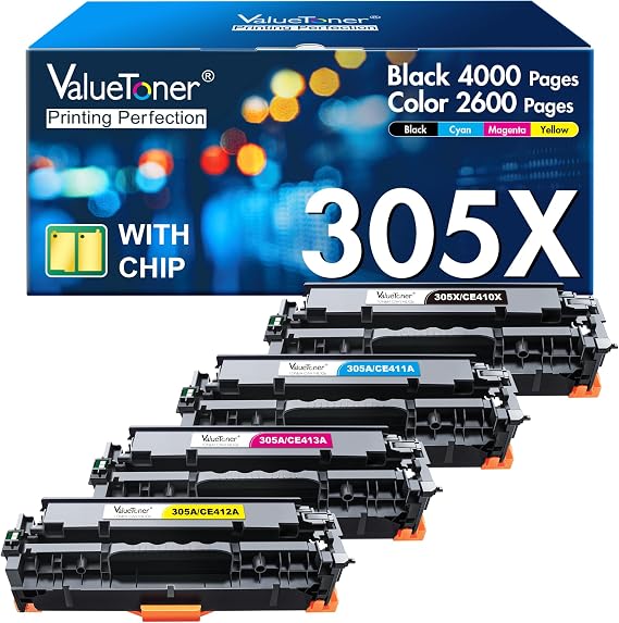 305X Toner Cartridges High Yield with Chip (4-Pack) Replacement for HP 305X 305A CE410X CE410A for LaserJet Pro 400 Color M451dn M451nw M475dn M475dw M451dw M375nw (Black, Cyan, Magenta, Yellow)