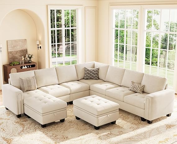 Belffin Oversized Velvet Modular 8-Seat Sectional Sofa Set with Storage Ottoman U Shaped Couch Set Modular Sectional Convertible Sofa Couch with Reversible Chaise Corner Sofa Couch Set Beige