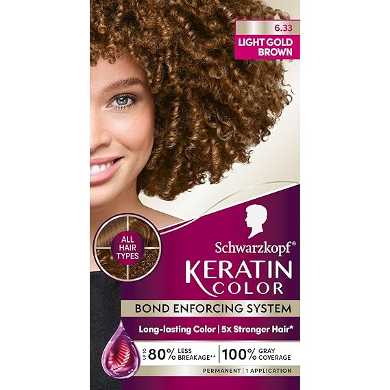 Schwarzkopf Keratin Color 6.33 Light Gold Brown Permanent Hair Dye | Up to 100% Gray Coverage, Strengthens Strands, Soft, Even Color, Bond Enforcing System, 1 Count