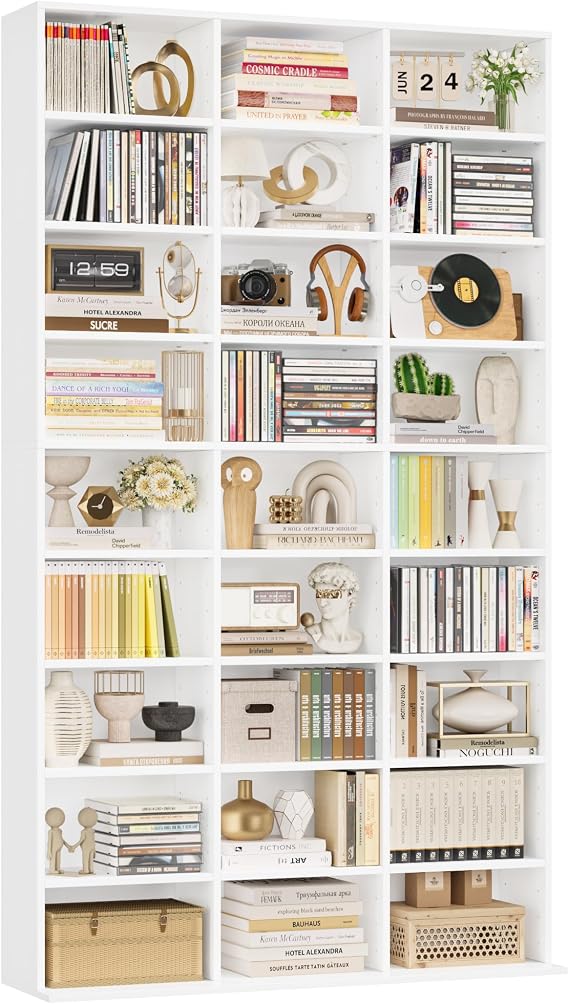 FirFurd 190cm Tall Bookcase CD DVD Storage Unit Tower Living Room Bookcases | White Bookshelf Freestanding, Display Rack with Adjustble Shelves, 27 Storage Compartments, Wooden, 102.5 x 23.5 x 190cm