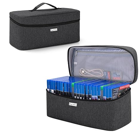CURMIO Game Disc Holder Case, Storage Bag for Up to 24 Video Discs, Black | Compatible with PS4/PS4 Pro/PS3/PS5/Xbox One/Xbox Series X/S Video Game Discs, Top Handle, Portable, Home and Travel Use