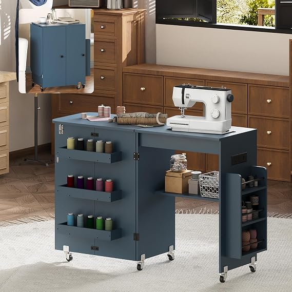 Folding Sewing Table with Storage and Power Outlet, Rolling Multi-Craft Desk, Foldable Sewing Machine Cabinet Desk with Lockable Wheels for Home Small Spaces (Blue)