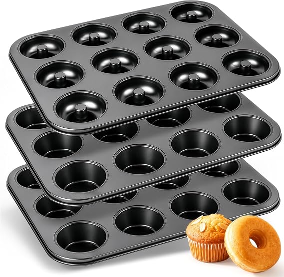 Kikcoin 3-Piece Muffin Pans & Donut Pan, Nonstick Baking Pan Set, Carbon Steel Bakeware Sets for Cupcakes, Donuts & Homemade Desserts, Oven Safe Up to 446F