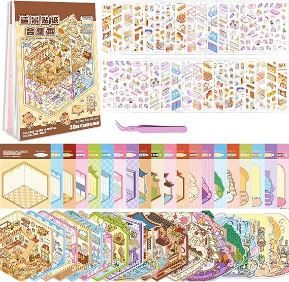 20 Sets Sticker Scene Books, 3D House Sticker Therapy Book for Adults Kids | Stress Relief, Creative Reusable DIY Stickerbook Kit with Stickers, Miniature Rooms, Tweezers, Gift for Teen Girl Boy