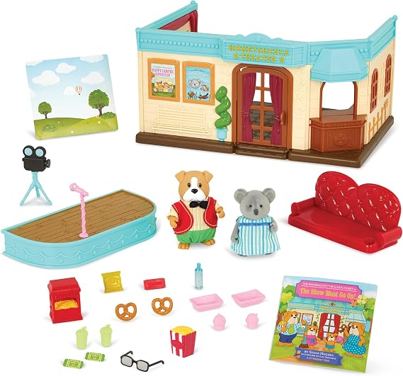 Li'l Woodzeez Honeysuckle Theater Playset with 2 Figures and Storybook | Movie theater playset with 2 characters, stage, seats, snacks, reversible backdrop, and storybook for pretend play, 3+ Years