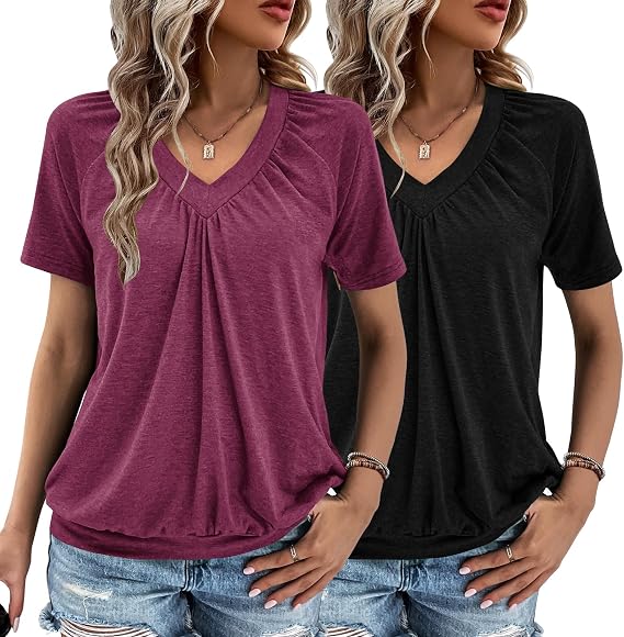 2 Pack Summer Tops for Women V Neck Shorts Sleeve Casual Ruched Tops Women T Shirts Clothes Trendy 2026