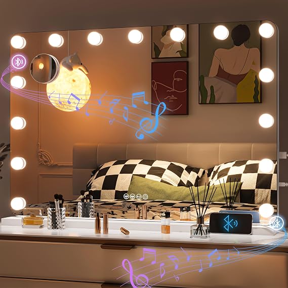 Hasipu LED Makeup Mirror with Bluetooth Speaker, 31" x 22" Makeup Mirror with Lights and Magnification, Hollywood Mirror with 3 Color Modes, LED Make up Mirror with USB & Type-C Charging
