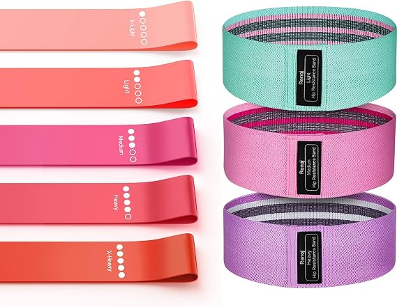 Bundle Set of 8 Resistance Bands for Workout, 3 Fabric Booty Bands and 5 Latex Exercise Bands with 2 Portable Bags