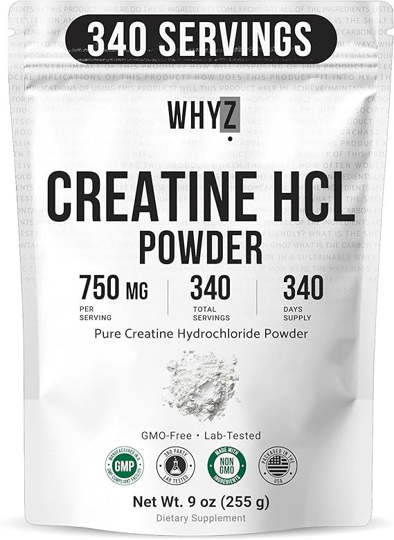 Pure Creatine HCL Powder Unflavored HCL Creatine Supplement for Men and Women Supports Muscle Strength Endurance Energy Cognitive Support & Cellular Hydration Easy to Mix Non-GMO, 9 oz 255 g