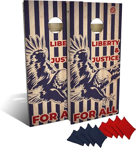 Slick Woody's Professional-Grade Cornhole Boards - 4'x2' Solid Wood Regulation Patriotic Woodgrain Corn Hole Toss Game with 8 Resin Filled Bags