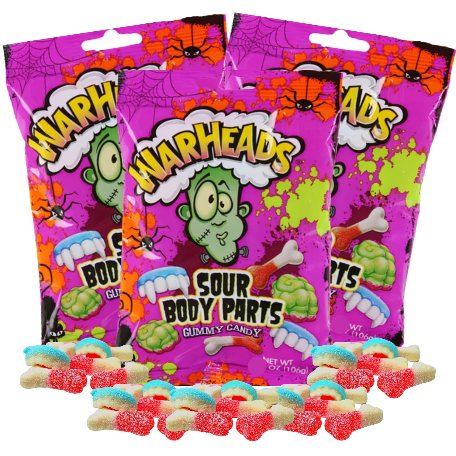 Needzo Sour Gummy Candy Body Parts, Scary Halloween Bulk Candies with Bones, Mouths, and Brains Gummies. Pack of 3 Bags, 3 Ounces