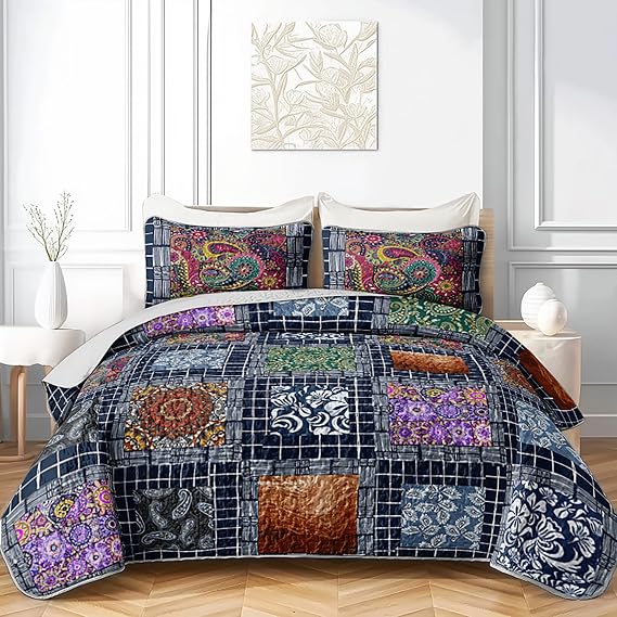 HOSIMA Bohemia King Size Quilt Set,Soft Lightweight Boho Bedding for Adults Bedroom Decor,Different Mandala Patterns Plaid Patchwork Quilt Summer Bedding with 2 Pillowcases.