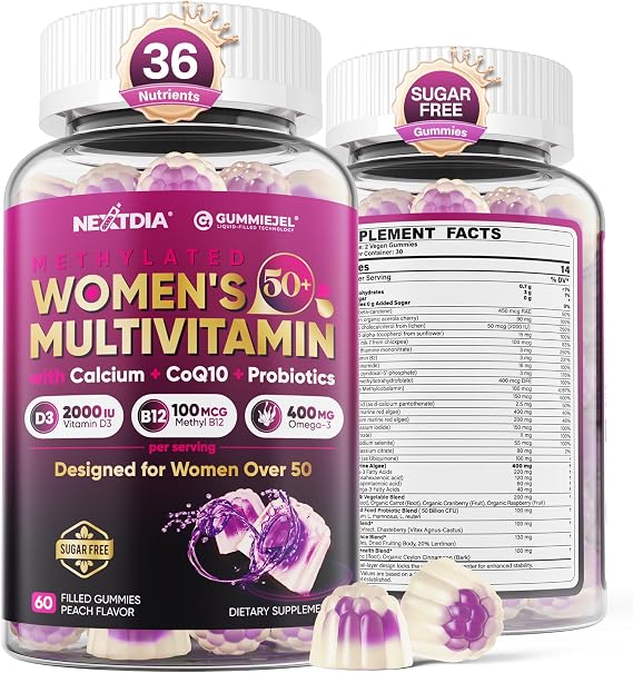 Multivitamin for Women 50 Plus Gummies, Vegan Omega 3, Methylfolate, Calcium, D3 K2, Probiotics CoQ10, Daily Vitamin A C E Methylated B12 Biotin B Complex Zinc -Bone Energy Longevity -Sugar Free 60Cts
