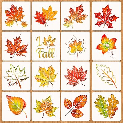 HOWAF 16pcs Autumn Leaf Stencils,Fall Pumpkin Templates,Plastic Maple Leaves Stencils for Happy Fall Yall Painting Fabric Wall Home Decor,Harvest Stencil for Autumn Season DIY Art Craft Supplies