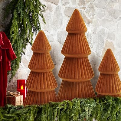 Christmas Decorations Indoor- 3 Pcs Velvet Christmas Tree,Modern Cone Ceramics Christmas Decor Tabletop Winter Home Minimalist for Holiday Entryway Table Mantel CenterpieceOrange