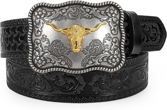 TRIWORKS Western Buckle Belts for Men, Mens Cowboy Belt with Buckle Leather Country Cowgirl Belt for Jeans Pants