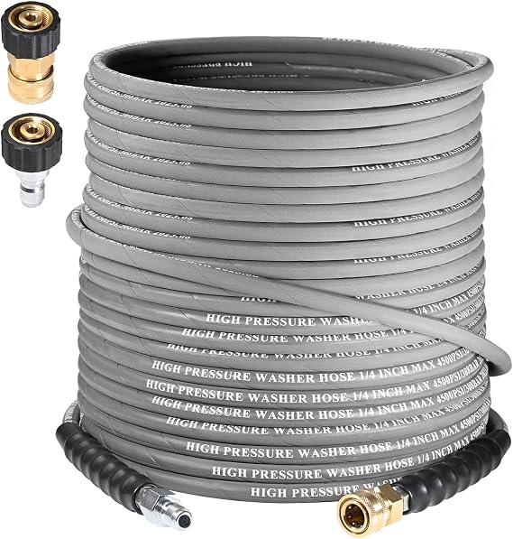 1/4" Pressure Washer Hose 125 FT 4500 PSI, Steel Braided Layer & NonMarking Rubber for Hot/Cold Water High Power Washer Replacement With Quick Connect & M22 Fitting, Industrial-grade