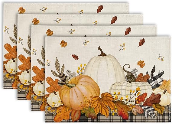 AnyDesign Fall Pumpkin Placemats Rustic Harvest Table Mats Non-Slip Heat Resistant Maple Leaves Washable Table Dinner Mats for Autumn Farmhouse Home Kitchen Decor, 12 x 18 Inch, Set of 4