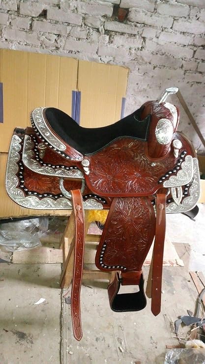 Western Saddle Fully Tooled Show Saddle with Silver Corner & Canchos