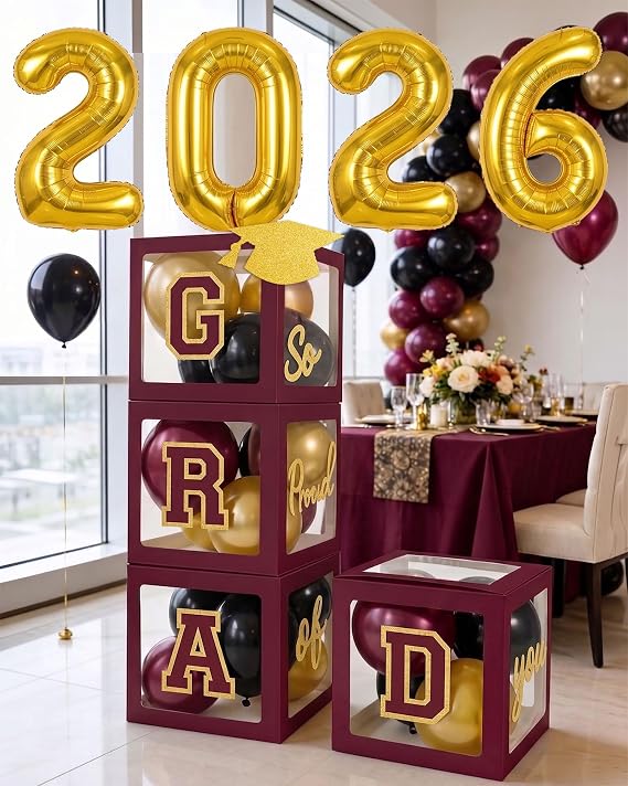 Maroon Black and gold Decorations 2026 Set of 4 Graduation Balloon Boxes with Balloon Arch Garland Kit So Proud of You 2026 Graduation Party Decorations