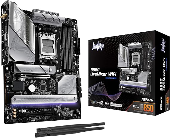 ASRock AMD B850 LiveMixer WiFi 7 Socket AM5 Ryzen 9000/8000/7000 Series DDR5 8000+ (OC) MHz 256GB ATX Motherboard M.2 SATA3 6.0 Gb/s PCIe 5.0 BIOS Flashback 1 HDMI 1 DisplayPort