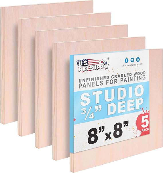 U.S. Art Supply 08" x 08" Unfinished Cradled Wood Panels for Painting, Studio 3/4" Deep (5 Pack) - Artist Depth Birch Wooden Wall Canvases - Mixed-Media Craft, Acrylic, Oil, Encaustic, Paint Pouring