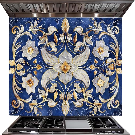 Tempered Glass Backsplash for Kitchen, Imperial Blue Floral Glass Backsplash, Copper Look Backsplash for Kitchen Wall, Rustic Kitchen Backsplash, Easy to Install Stove Backsplash