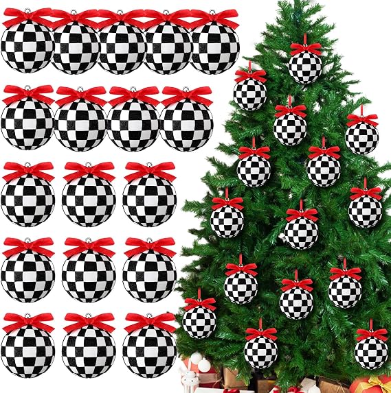 Meooeck 36 Pcs Black and White Christmas Ball Ornaments with Red Bows