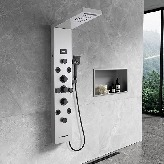 LED Shower Panel Tower with Temp Display 6 in 1 Shower Coulmn System Waterfall & Rainfall 8 Massage Handheld Shower Bath Spout, Brushed Stainless Steel & Black