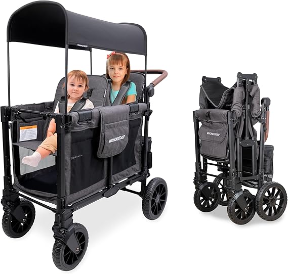 WONDERFOLD W2 Luxe Pro Stroller Wagon (2 Seater), Charcoal Gray | Collapsible, 5-Point Safety Harnesses, Adjustable Sun Canopy, Wagon Stroller with Seats