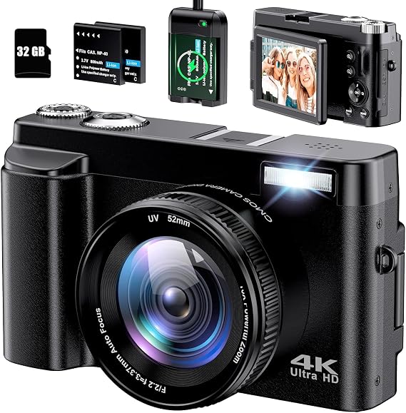 4K Digital Camera for Photography - Autofocus 48MP Vlogging Camera for YouTube with 3'' 180Flip Screen - 16X Digital Zoom, Anti-Shake Camera for Vlogging with SD Card, 2 Batteries & Charging Stand