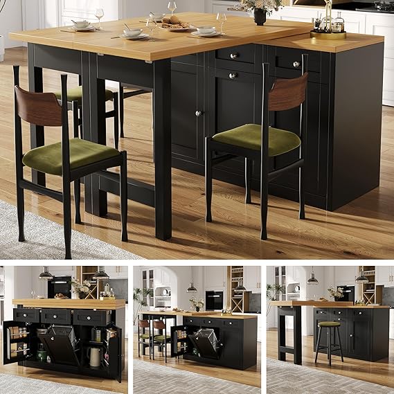 Extendable Bar Table with LED Lighting & 360° Swivel | Adjustable 120-180 cm Modern Kitchen Island Table with Storage | Smart Multifunctional Sideboard, Dining & Work Table (Black-C)