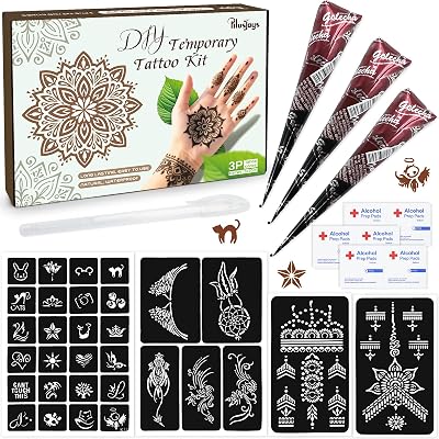 Brown Temporary Tattoo Kit,Temporary Tattoos Stencils Kit 3pcs Brown tattoo cones 4 Reusable Templates 1Pcs Tattoo Outline Pen, Waterproof,DIY Body Art for Women Men