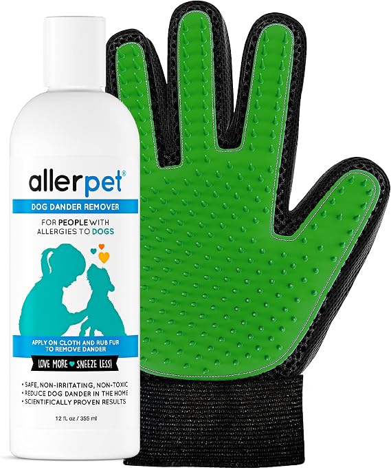 Allerpet Dog Dander Remover w/Free Grooming Glove - Best Pet Dander Remover for Allergens - for Canine Dry Skin Treatment - Good for Fur & Skin - (12oz)
