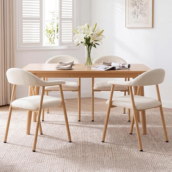 DUMOS Dining Chairs Set of 4, Linen Fabric Accent Chair with Curved Back | Upholstered, Metal Legs, Kitchen Side, Modern, Farmhouse, Kitchen, Living Room, Cafe, Beige