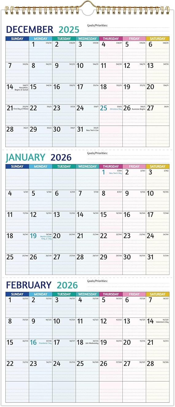 2026 Wall Calendar - 3 Month Calendar 2026 Vertical, Jan 2026 - Dec 2026, 3 Month Wall Calendar 2026, 11 x 26 In Open, 2026 Calendar Monthly with Large Print, Holidays, Thick Paper, Priorities & Notes