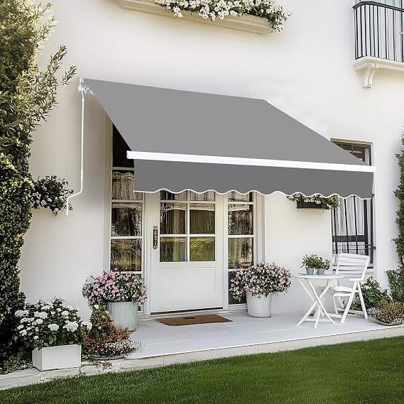 Bonnlo Retractable Awning Canopy 8x7ft, UV and Water-Proof Fabric Sunshade Shelter with Manual Crank Handle, Patio Awning Retractable for Deck, Poolside, Garden (Grey, 8x7ft)