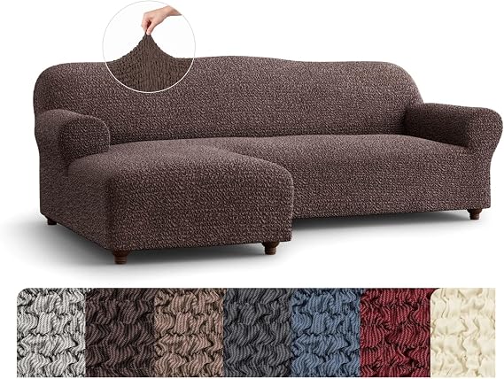 PAULATO BY GA.I.CO. Stretch Sectional Sofa Slipcover 1-Piece L Shape Couch Cover Machine Washable Bi-Elastic Furniture Protector Brown (Left-Facing Chaise)