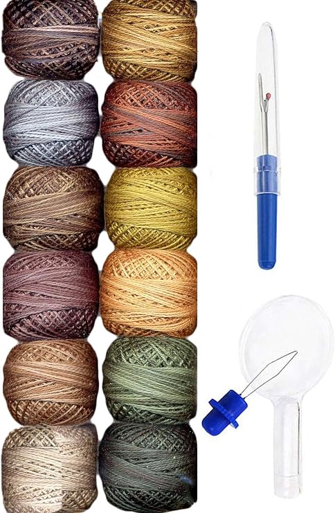 Valdani Embroidery Thread Perle Cotton Size 8 Hand-Dyed PC8-EarthlyT | Earthly Treasures Collection, 12 Ballss, with Seam Ripper and Needle Threader