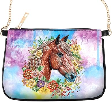 MVVMTOP Diamond Painting Bag 5D DIY Handbag Horse and Flower Painting Kit Special Shape Crystal Artificial Diamond Painting Handbag Diamond Art Ladies Chain Bag Arts and Crafts Gift