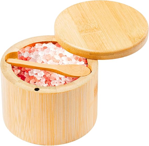 Bamboo Salt Cellar Salt Container Salt Box Bowl with Swivel Lid Spice Box with Spoon for Countertop to Store Sea Salt Pepper Sugar 6 Ounce Capacity