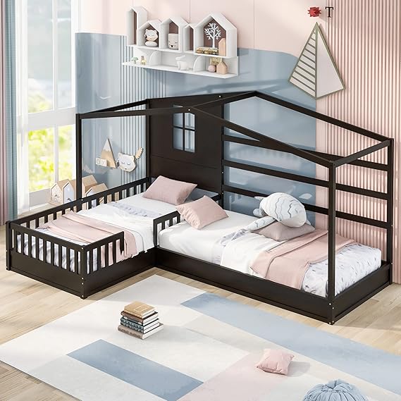 CITYLIGHT Wood L Shaped House Bed Frame, Twin Size Montessori Corner Bed with Roof, Window & Fence, Modern House Shaped Bed for 2 Kids, Espresso