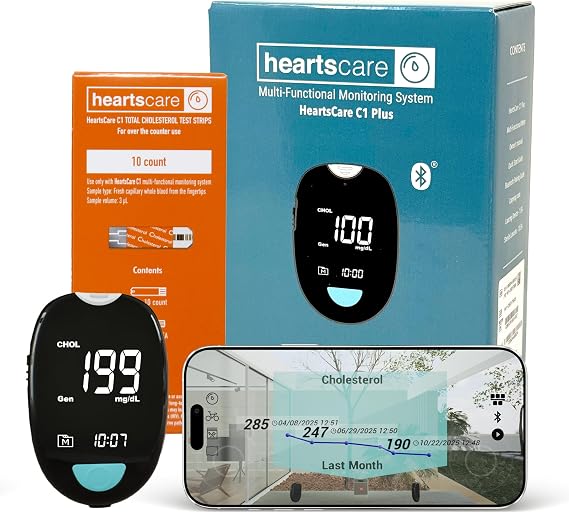 HeartsCare C1 Plus Total Cholesterol Meter Test Kit at Home with TC 10 count with 3D bluetooth HeartsHome app.
