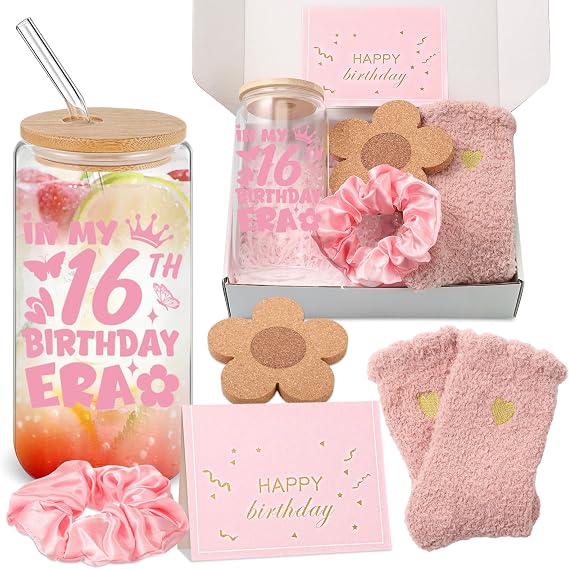 5 Pcs 16th Birthday Gifts for Her, Happy 16 Year Old Gifts Ideas for Women Female, 16 oz Birthday Glass Cup with Lids and Straws for Mom Wife Friends Bestie Coworker Presents