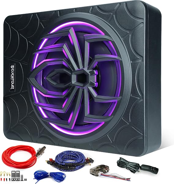 Seventour 10" 1000W Slim Under Seat Powered Car Subwoofer Enclosed, Car/Truck Audio Sub Built in Amplifier Package amp Combo,with LED Light (Subwoofer + Mounting Wire Kit)