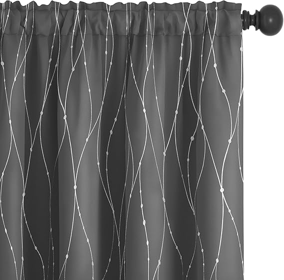 Deconovo Blackout Curtains with Silver Wave Dots Design, Thermal Insulated Soundproof Wdinow Drapes for Bedroom Living Room Nursery W52 X L72, Grey, 2 Panels